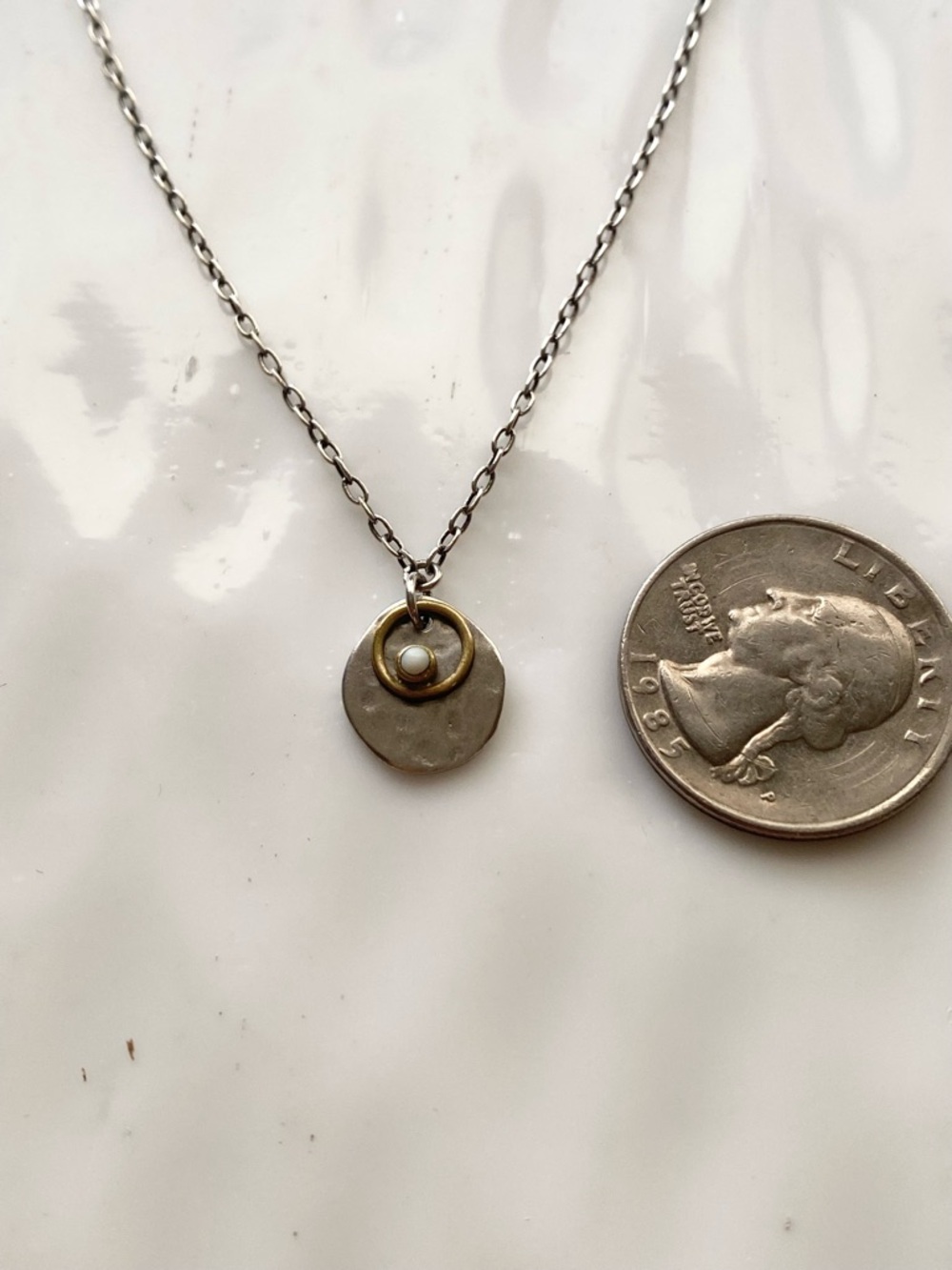 Silpada Sterling Silver Disc Necklace with Gold Halo and Pearl Accent 16”inches - Picture 5 of 5